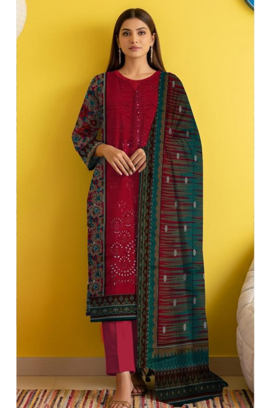 3 piece embroidered khaddar suit unstitched